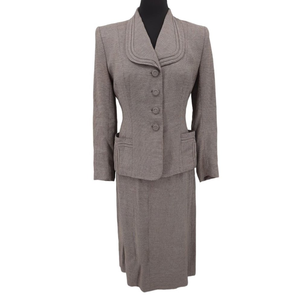 VTG 40s Brown Houndstooth Gabardine Blazer Pencil Skirt Suit Set Size S Neutral - Picture 1 of 11